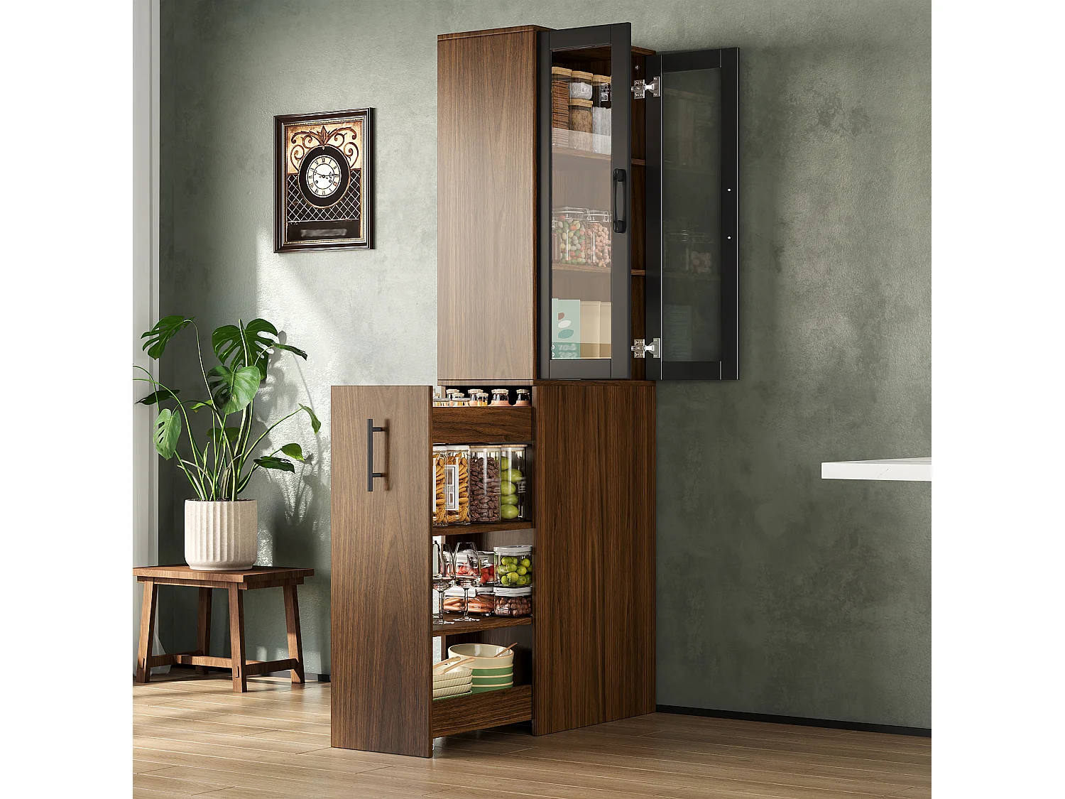 Buffet hautes de cuisine 60x30x180cm - avec 2 portes vitrée - compartiments de rangement coulissants - avec roulettes - Marron