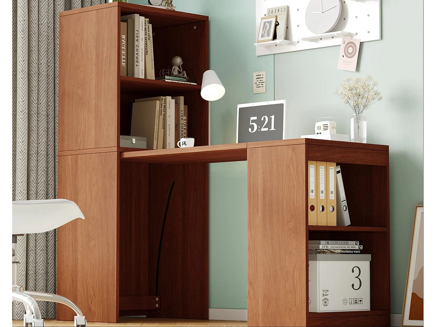 Bureau et bibliothèque pliable 130x51x137 cm - Roulettes - 4 compartiments de rangement - Placage noyer - Marron