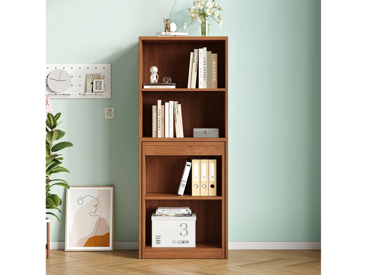 Bureau et bibliothèque pliable 130x51x137 cm - Roulettes - 4 compartiments de rangement - Placage noyer - Marron