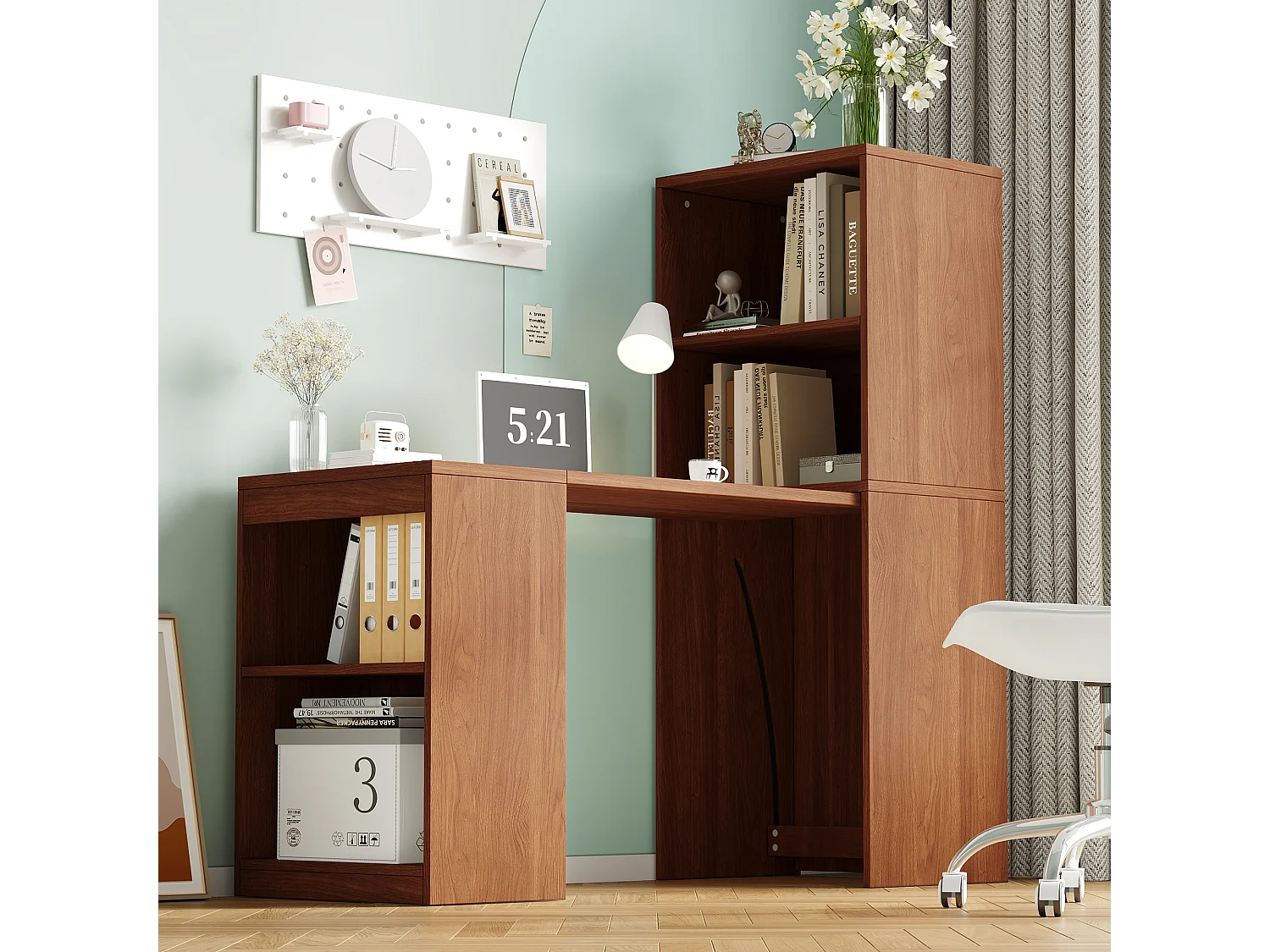 Bureau et bibliothèque pliable 130x51x137 cm - Roulettes - 4 compartiments de rangement - Placage noyer - Marron