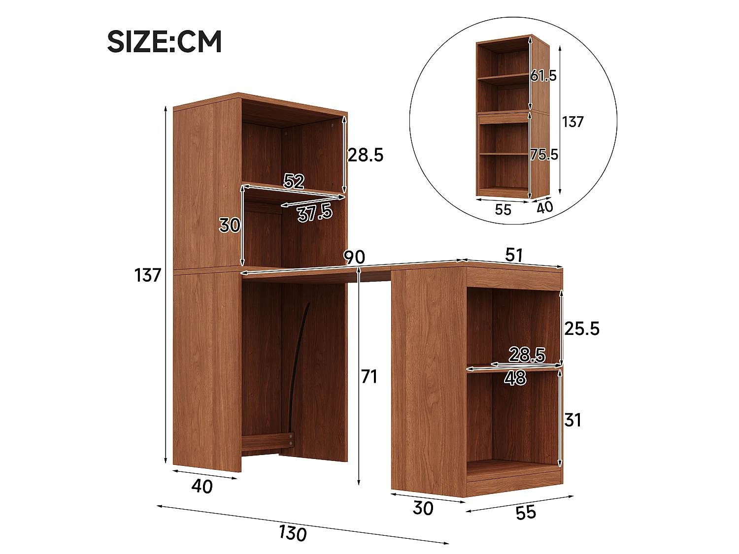 Bureau et bibliothèque pliable 130x51x137 cm - Roulettes - 4 compartiments de rangement - Placage noyer - Marron