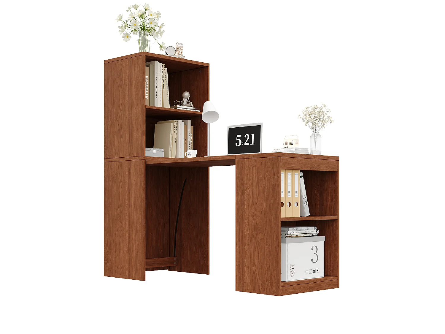 Bureau et bibliothèque pliable 130x51x137 cm - Roulettes - 4 compartiments de rangement - Placage noyer - Marron