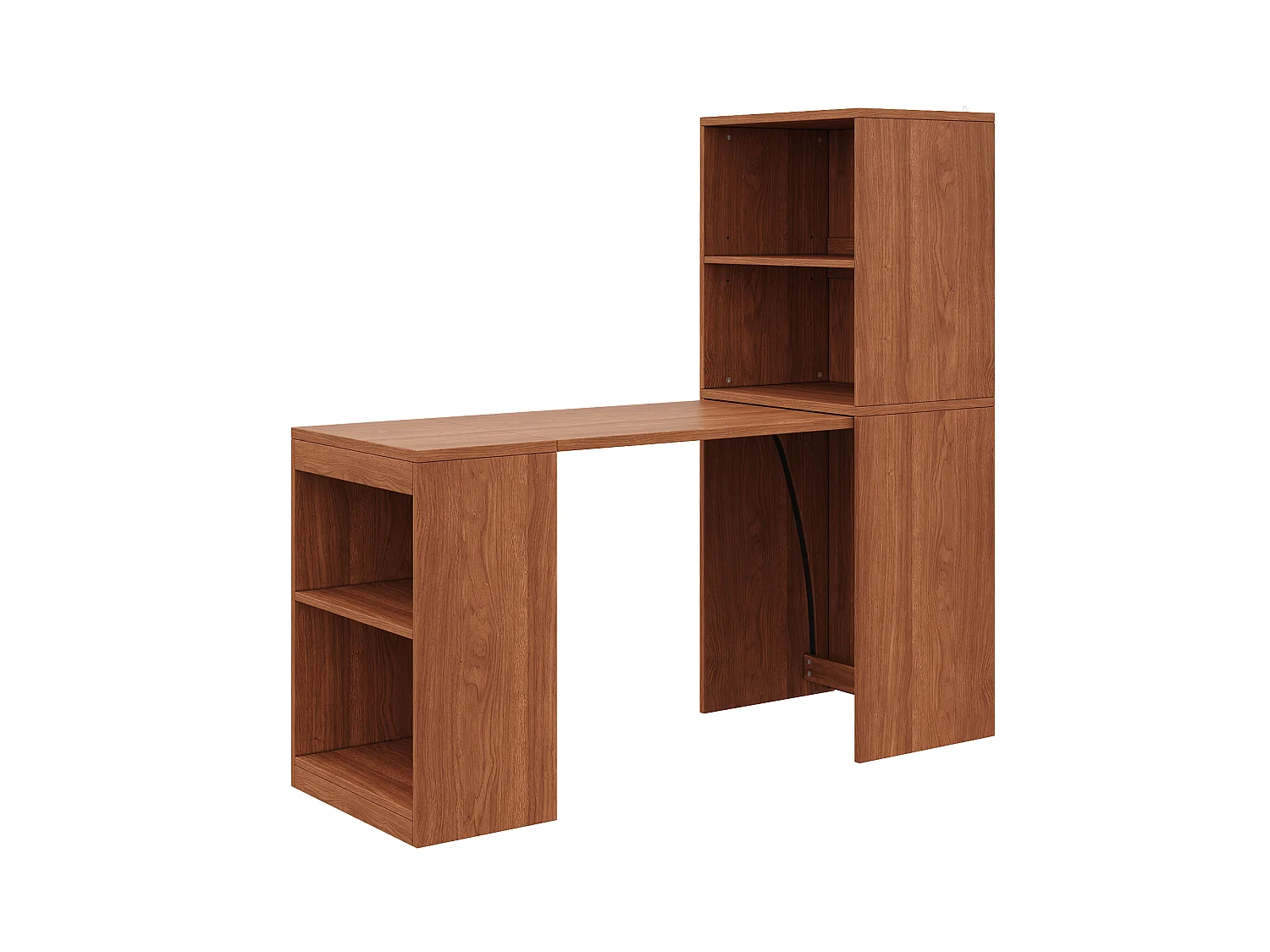 Bureau et bibliothèque pliable 130x51x137 cm - Roulettes - 4 compartiments de rangement - Placage noyer - Marron