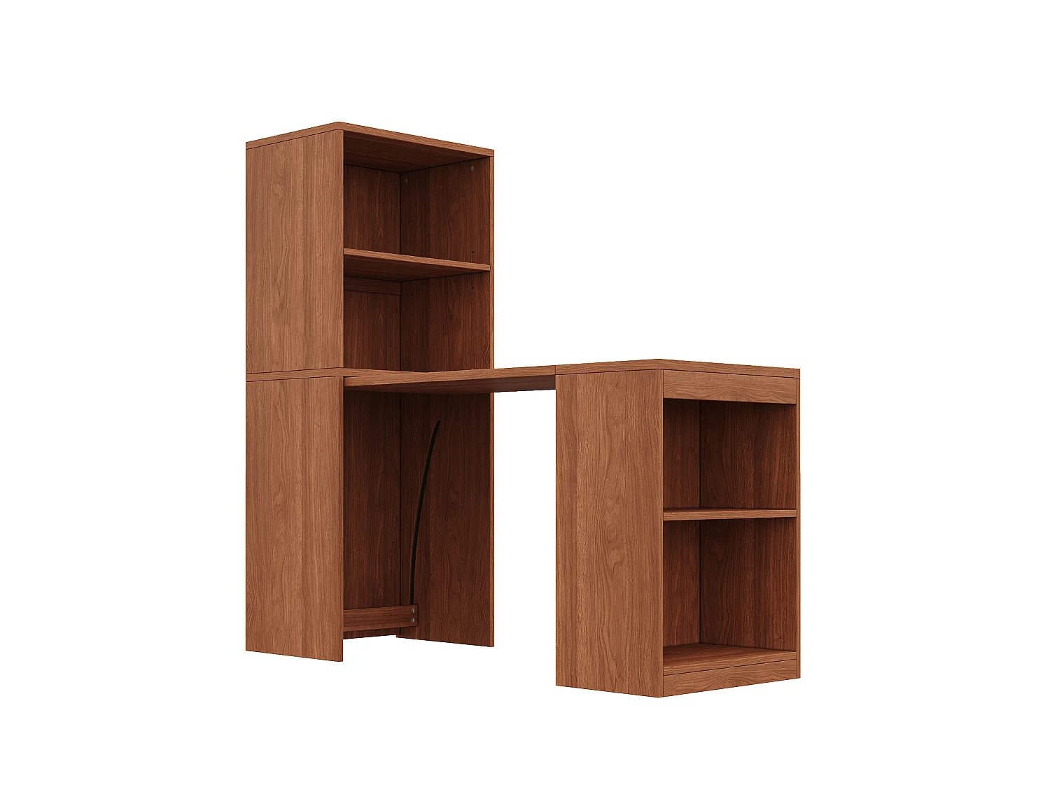 Bureau et bibliothèque pliable 130x51x137 cm - Roulettes - 4 compartiments de rangement - Placage noyer - Marron