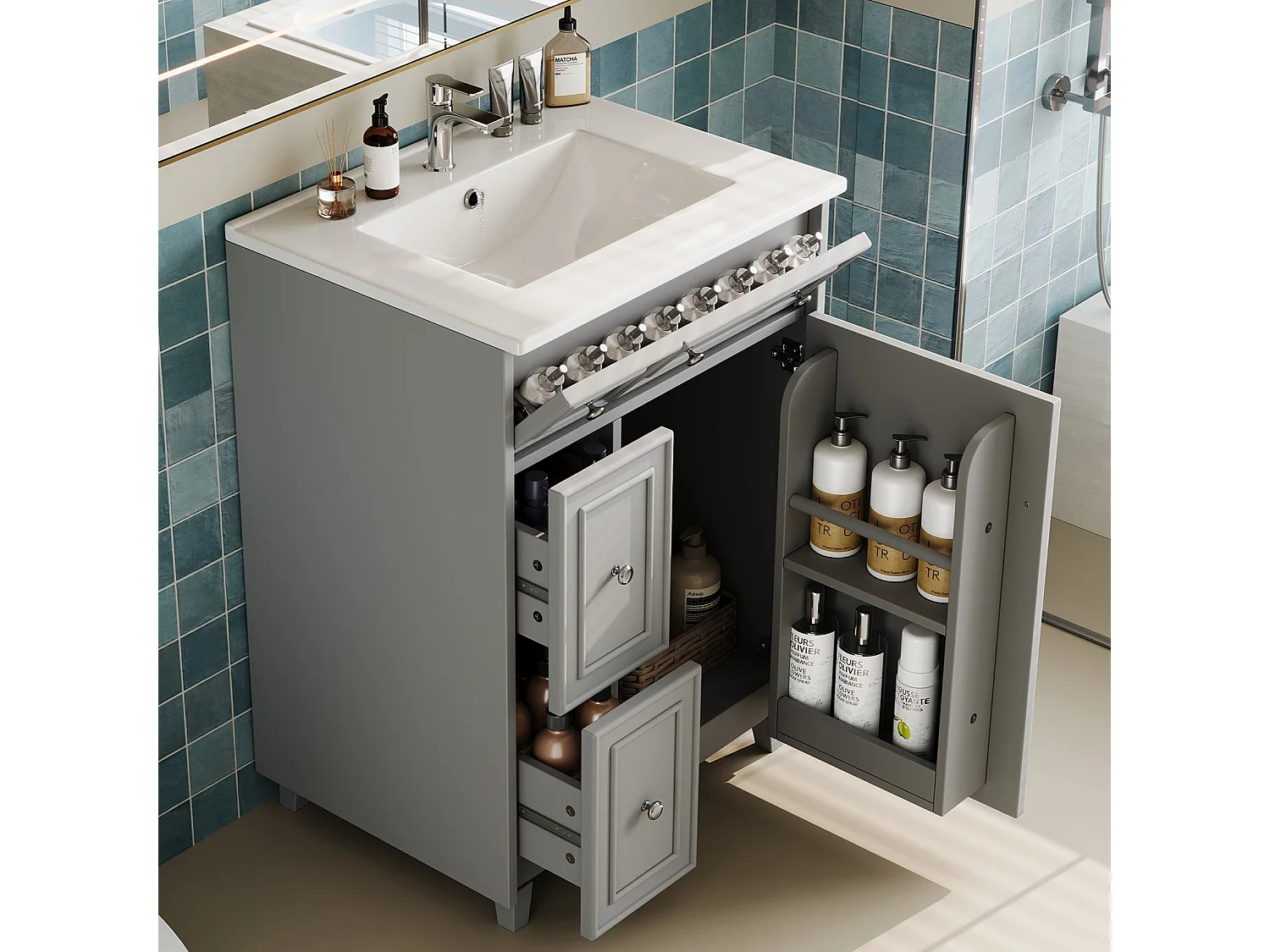 Mueble de baño con lavabo de cerámica - con 3 cajones y 1 puerta - Resistente a la humedad - Gris (Grifería no incluida)
