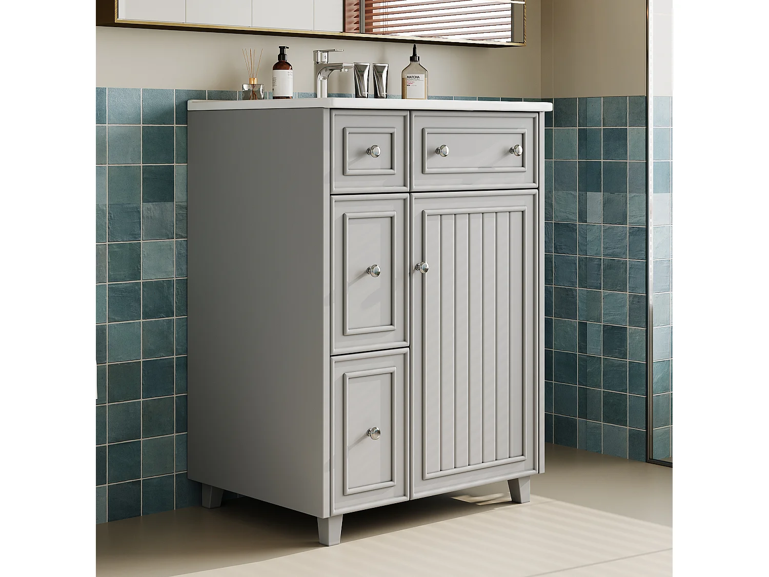 Mueble de baño con lavabo de cerámica - con 3 cajones y 1 puerta - Resistente a la humedad - Gris (Grifería no incluida)