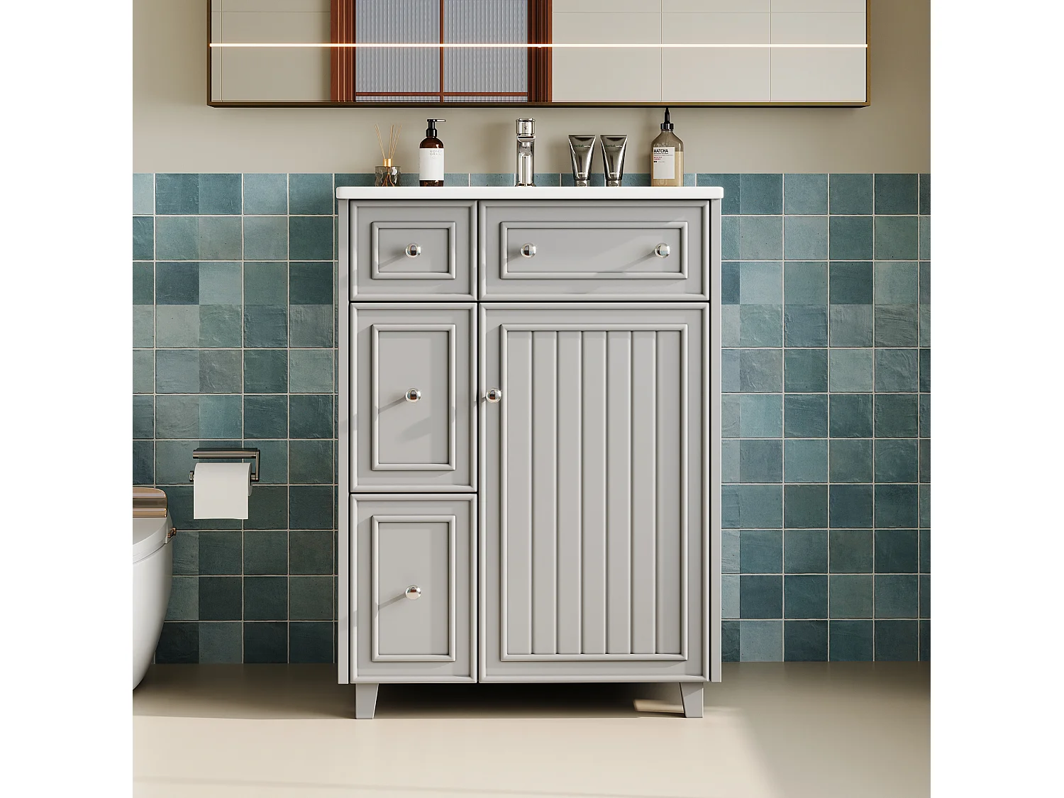 Mueble de baño con lavabo de cerámica - con 3 cajones y 1 puerta - Resistente a la humedad - Gris (Grifería no incluida)