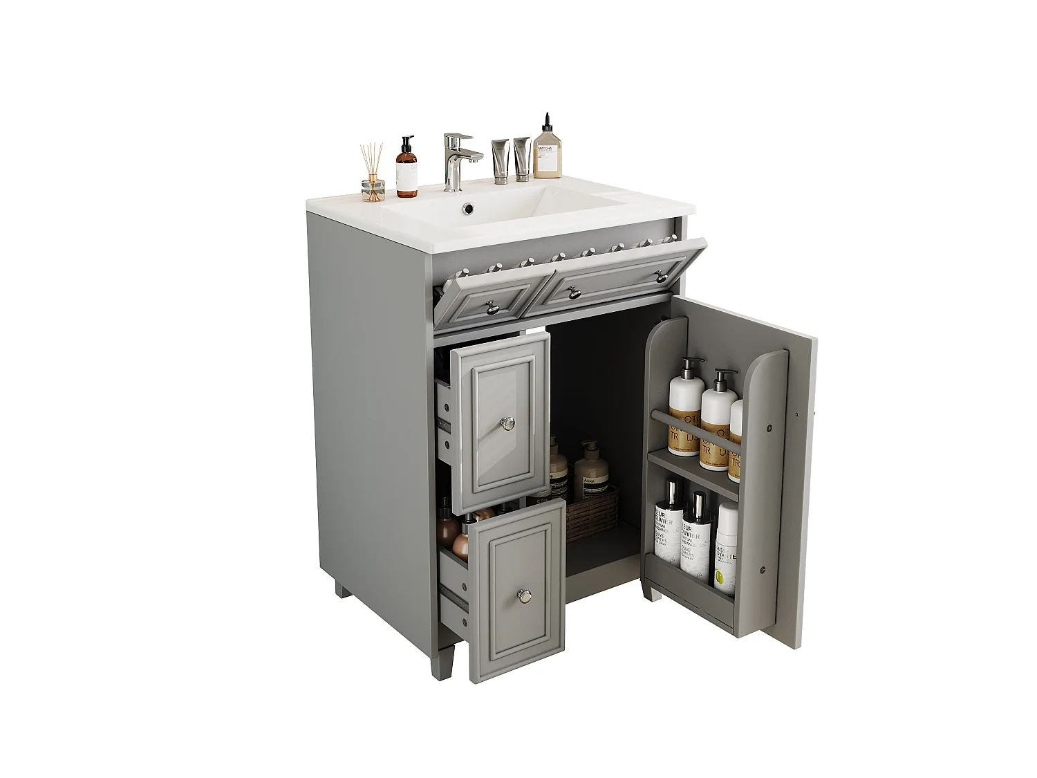 Mueble de baño con lavabo de cerámica - con 3 cajones y 1 puerta - Resistente a la humedad - Gris (Grifería no incluida)