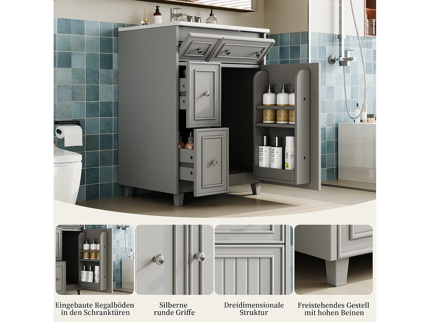 Mueble de baño con lavabo de cerámica - con 3 cajones y 1 puerta - Resistente a la humedad - Gris (Grifería no incluida)