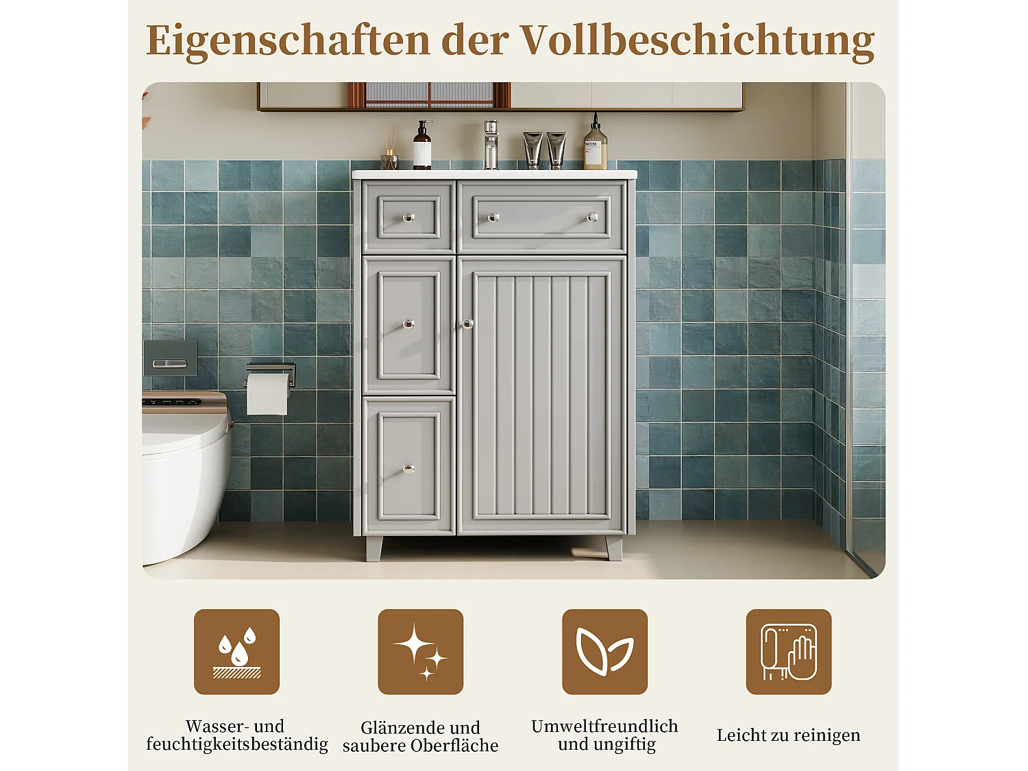 Mueble de baño con lavabo de cerámica - con 3 cajones y 1 puerta - Resistente a la humedad - Gris (Grifería no incluida)