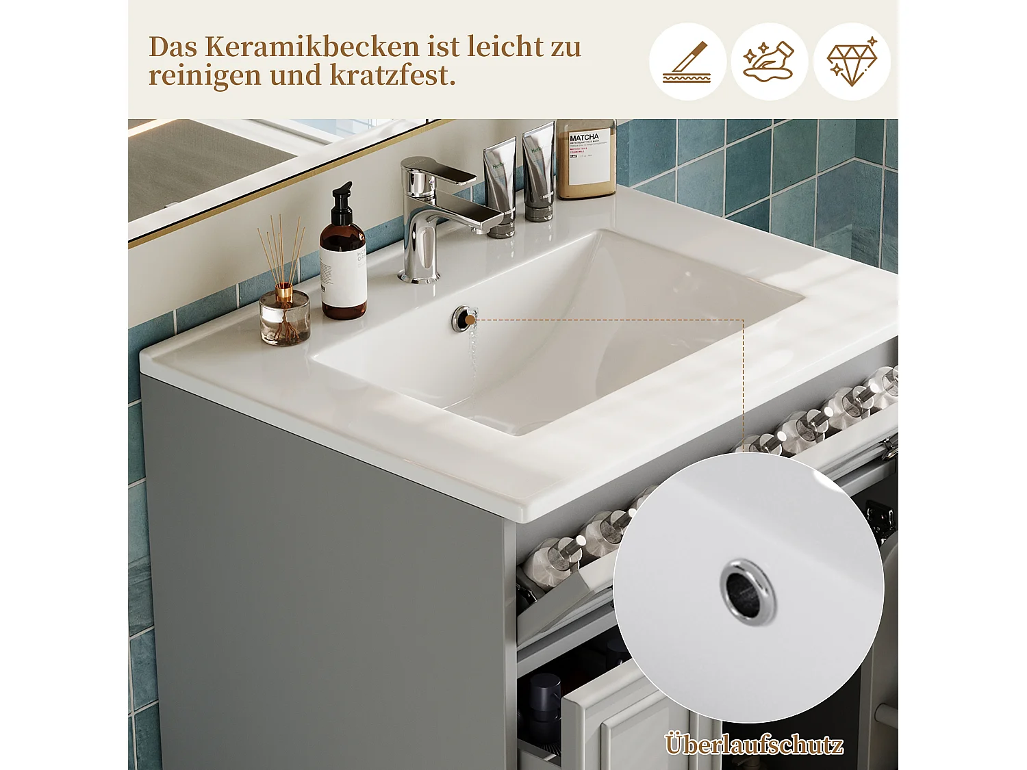 Mueble de baño con lavabo de cerámica - con 3 cajones y 1 puerta - Resistente a la humedad - Gris (Grifería no incluida)
