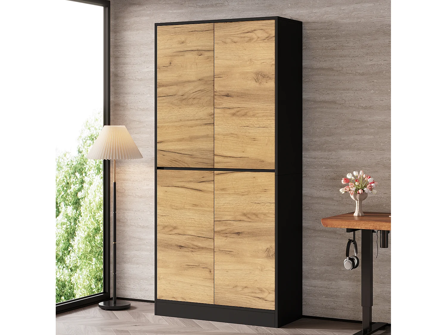 High cabinet, file cabinet 80x35x180 cm - 4 doors and adjustable shelves - Bookcase, storage furniture - Natural and black