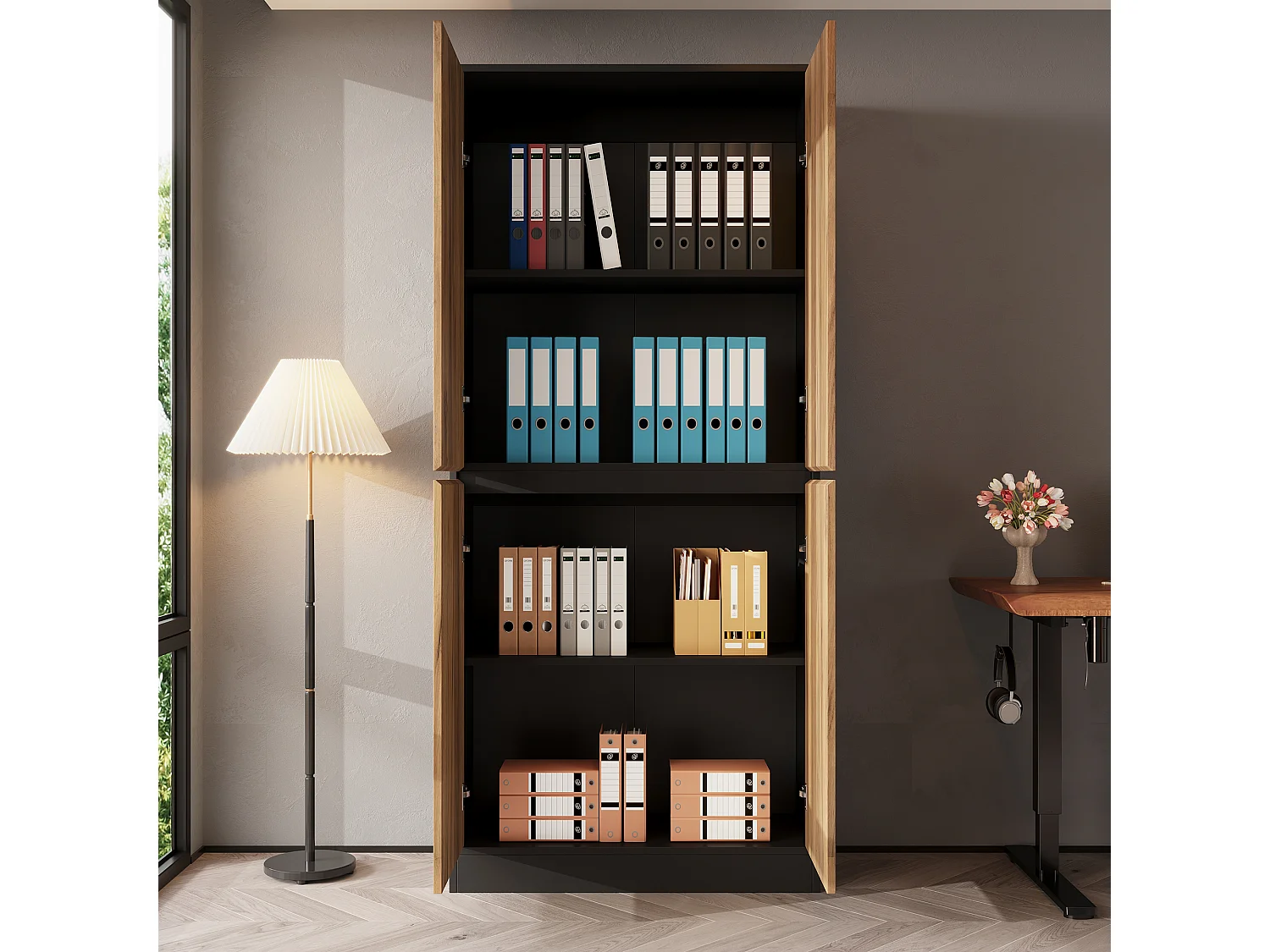 High cabinet, file cabinet 80x35x180 cm - 4 doors and adjustable shelves - Bookcase, storage furniture - Natural and black