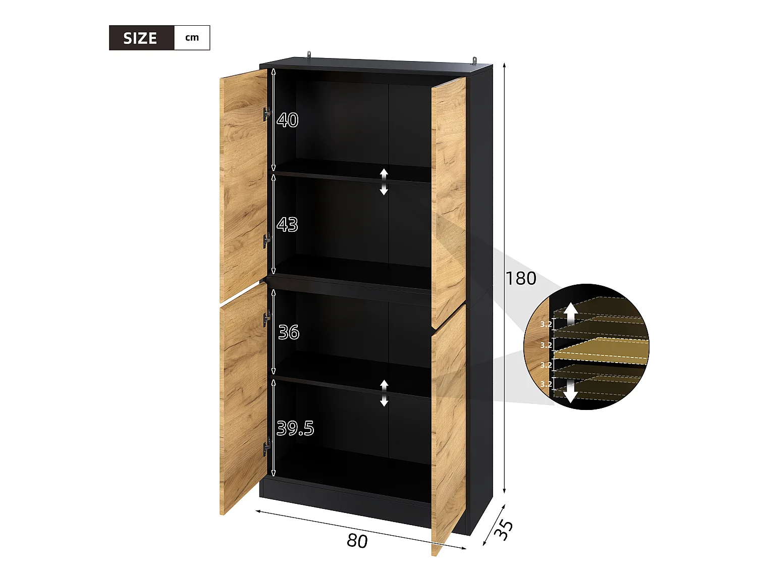 High cabinet, file cabinet 80x35x180 cm - 4 doors and adjustable shelves - Bookcase, storage furniture - Natural and black