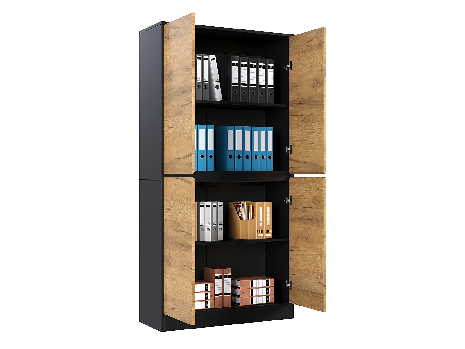 High cabinet, file cabinet 80x35x180 cm - 4 doors and adjustable shelves - Bookcase, storage furniture - Natural and black