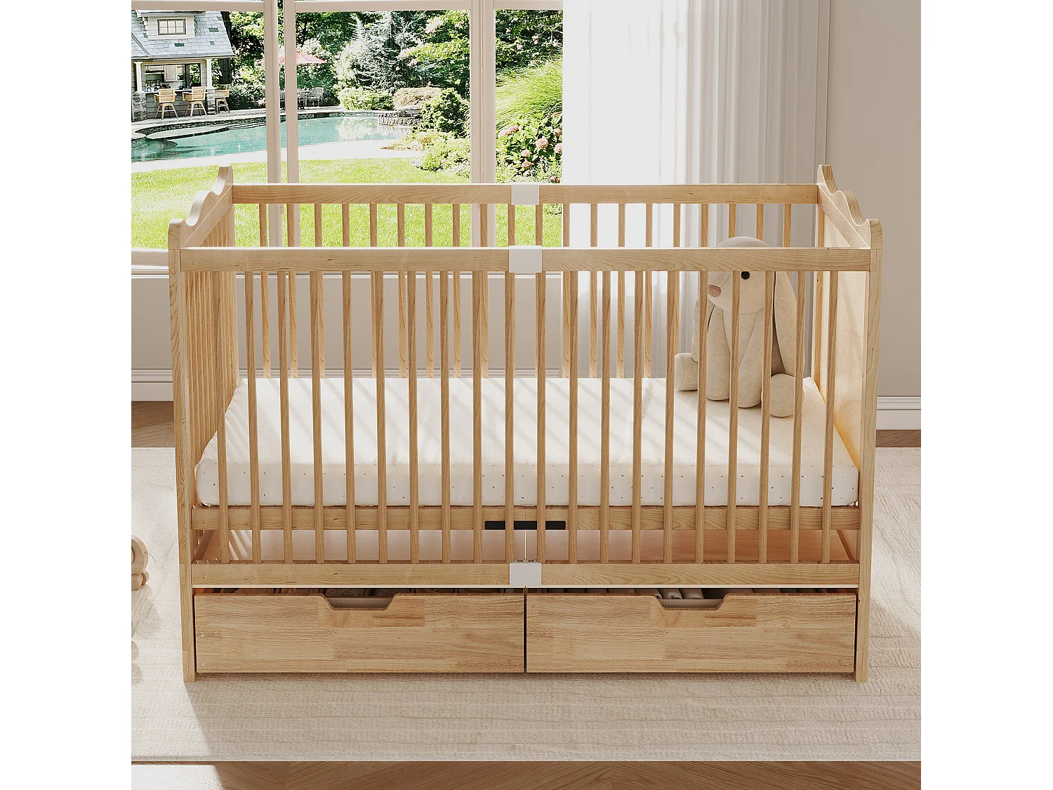 Lit bébé en bois massif 140x70cm - Lit à barreaudage avec sommier 4 niveaux, tiroirs inférieurs - Bois naturel