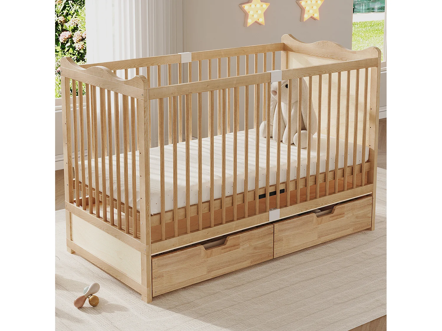 Lit bébé en bois massif 140x70cm - Lit à barreaudage avec sommier 4 niveaux, tiroirs inférieurs - Bois naturel