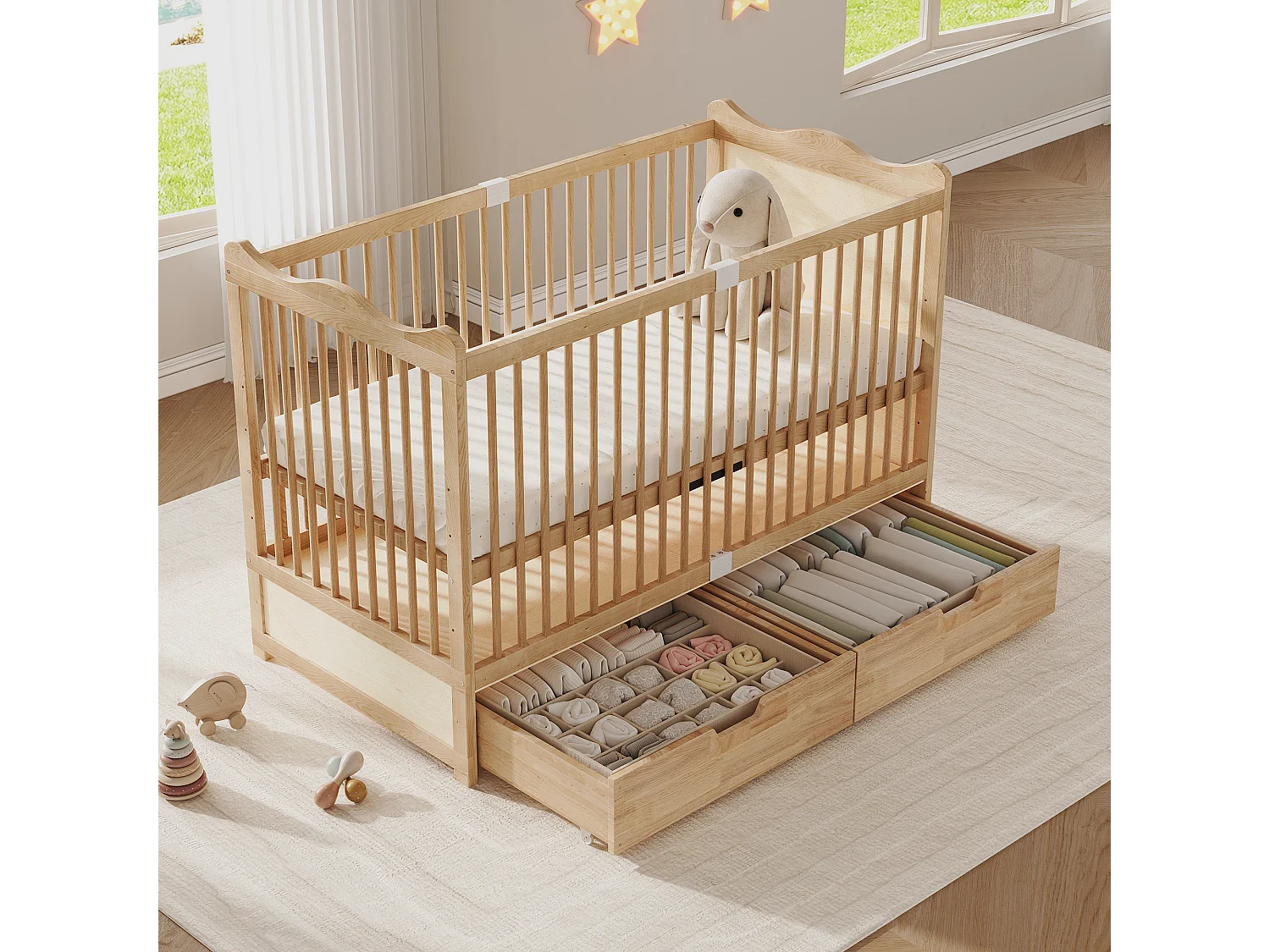 Lit bébé en bois massif 140x70cm - Lit à barreaudage avec sommier 4 niveaux, tiroirs inférieurs - Bois naturel