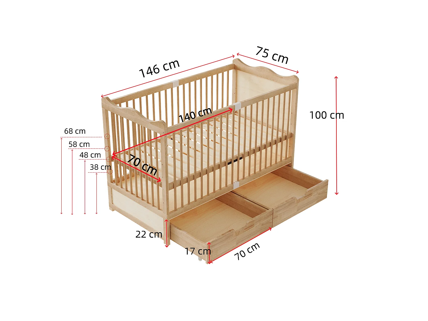 Lit bébé en bois massif 140x70cm - Lit à barreaudage avec sommier 4 niveaux, tiroirs inférieurs - Bois naturel