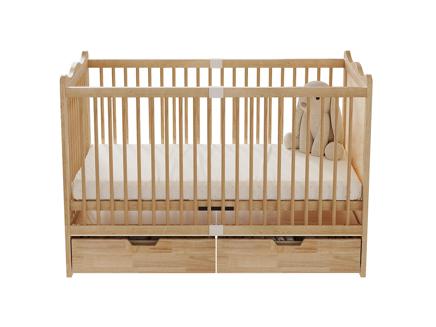 Lit bébé en bois massif 140x70cm - Lit à barreaudage avec sommier 4 niveaux, tiroirs inférieurs - Bois naturel