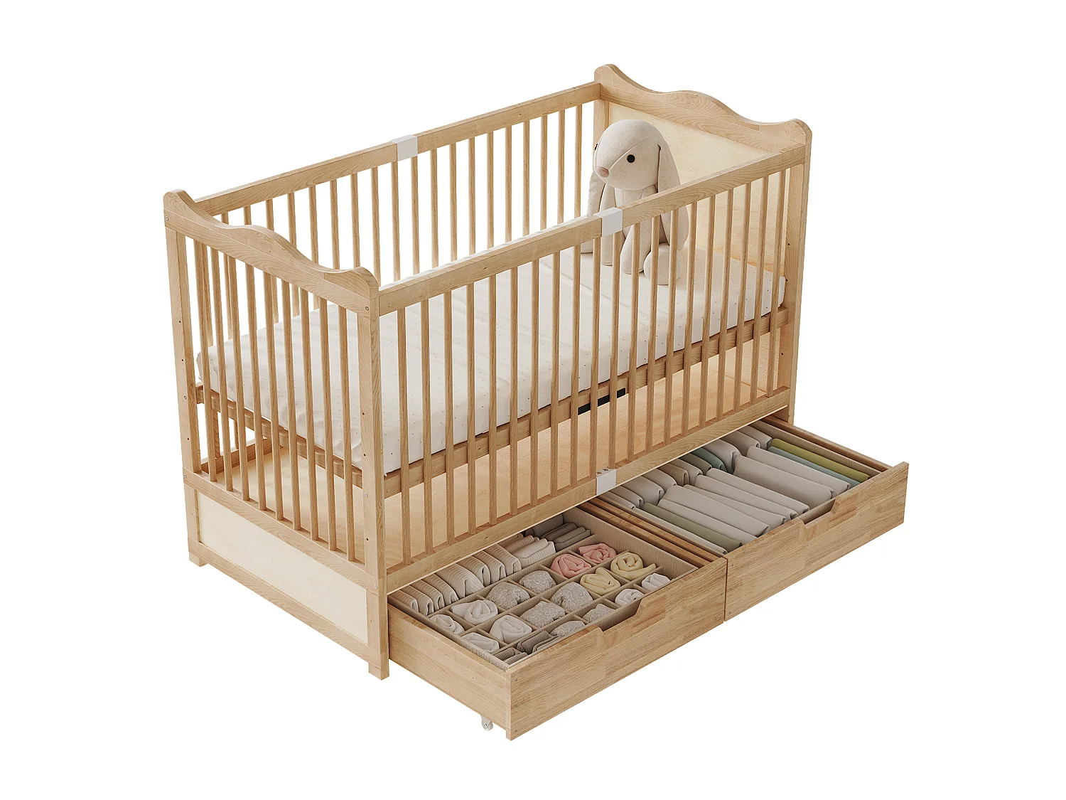 Lit bébé en bois massif 140x70cm - Lit à barreaudage avec sommier 4 niveaux, tiroirs inférieurs - Bois naturel