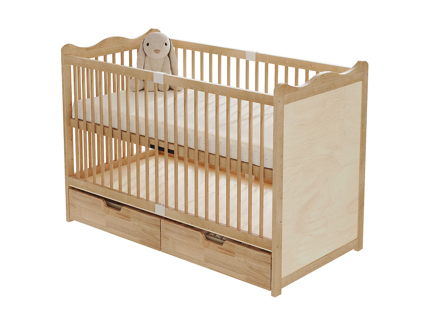 Lit bébé en bois massif 140x70cm - Lit à barreaudage avec sommier 4 niveaux, tiroirs inférieurs - Bois naturel