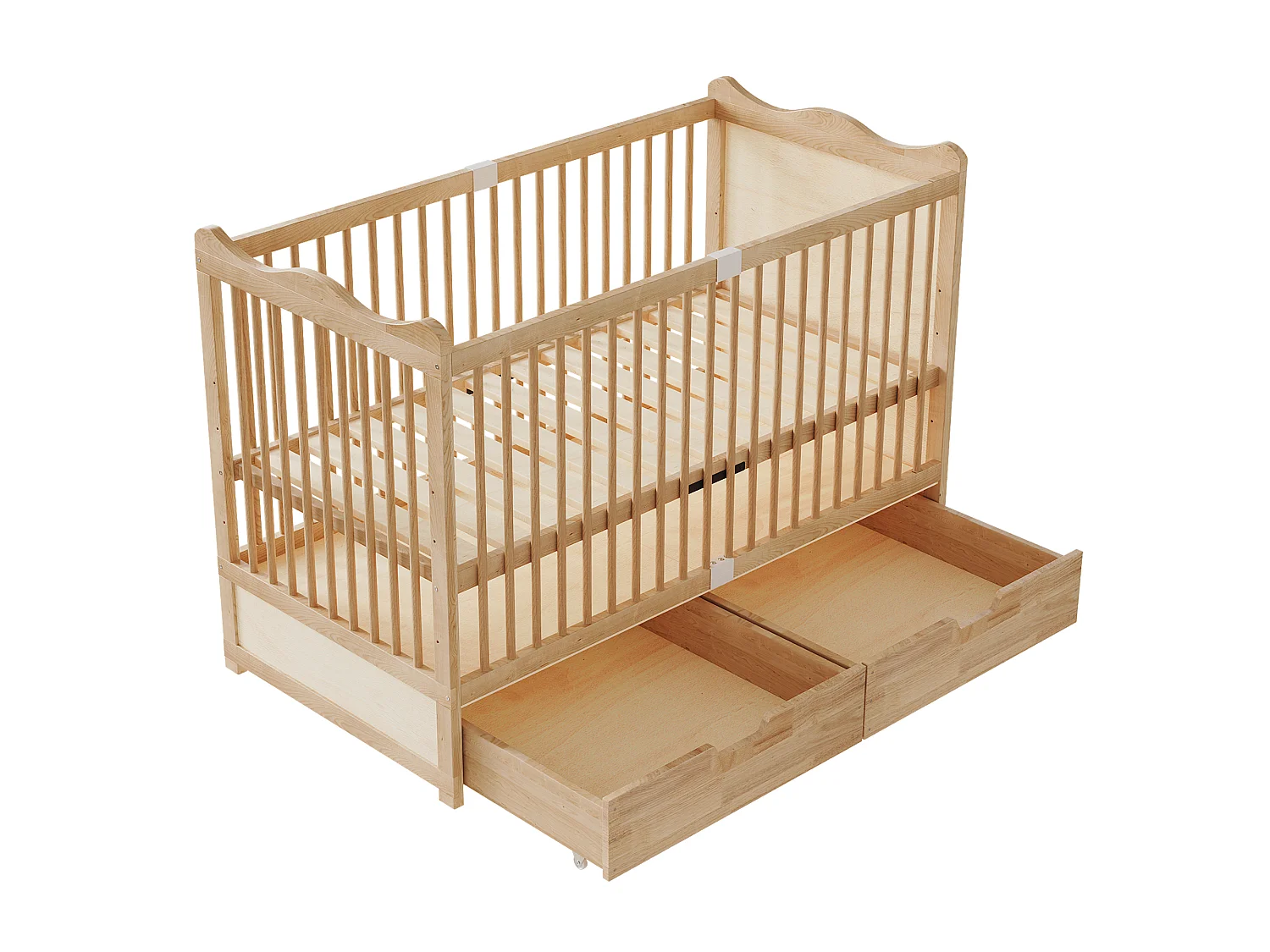Lit bébé en bois massif 140x70cm - Lit à barreaudage avec sommier 4 niveaux, tiroirs inférieurs - Bois naturel