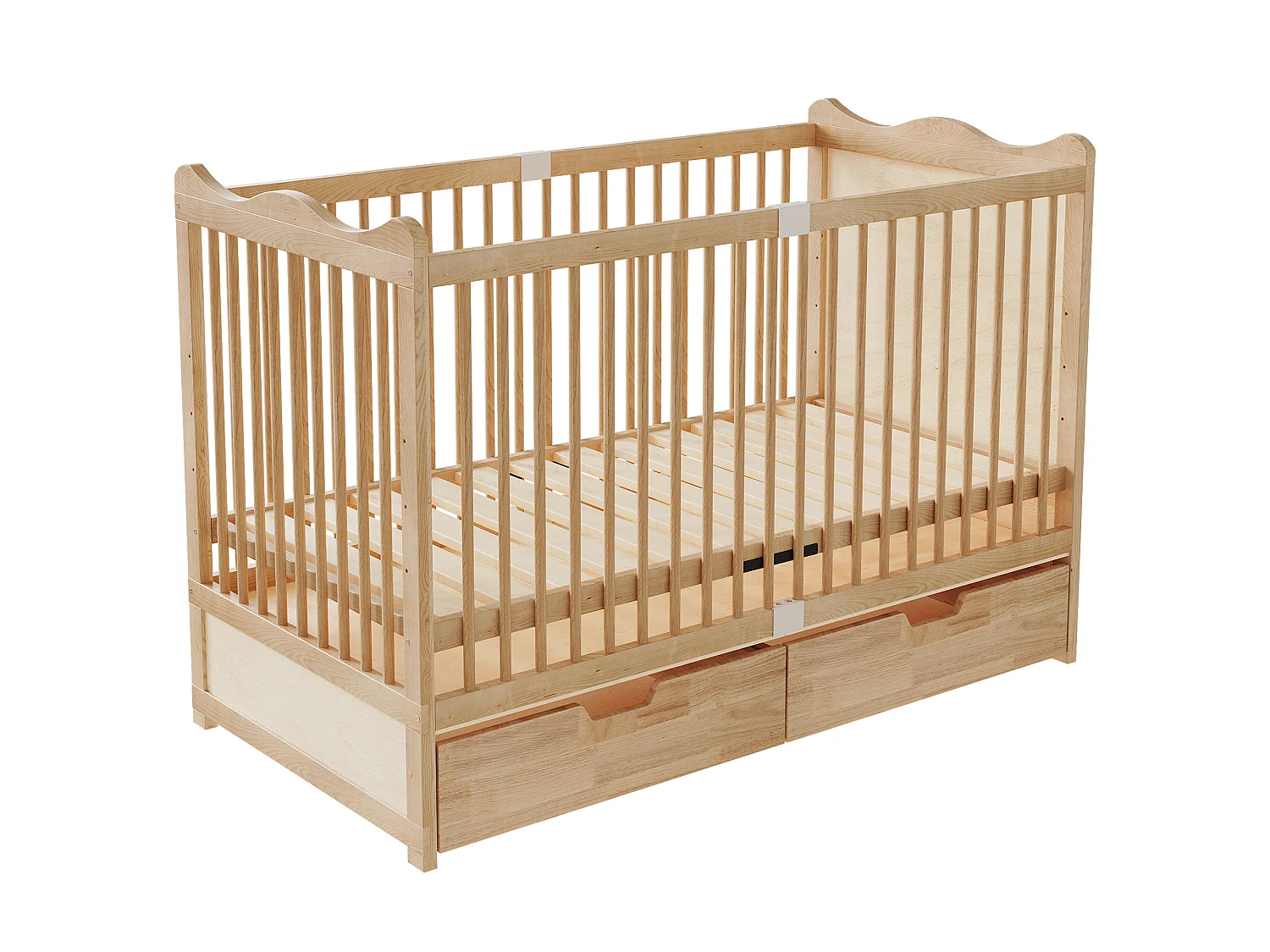 Lit bébé en bois massif 140x70cm - Lit à barreaudage avec sommier 4 niveaux, tiroirs inférieurs - Bois naturel