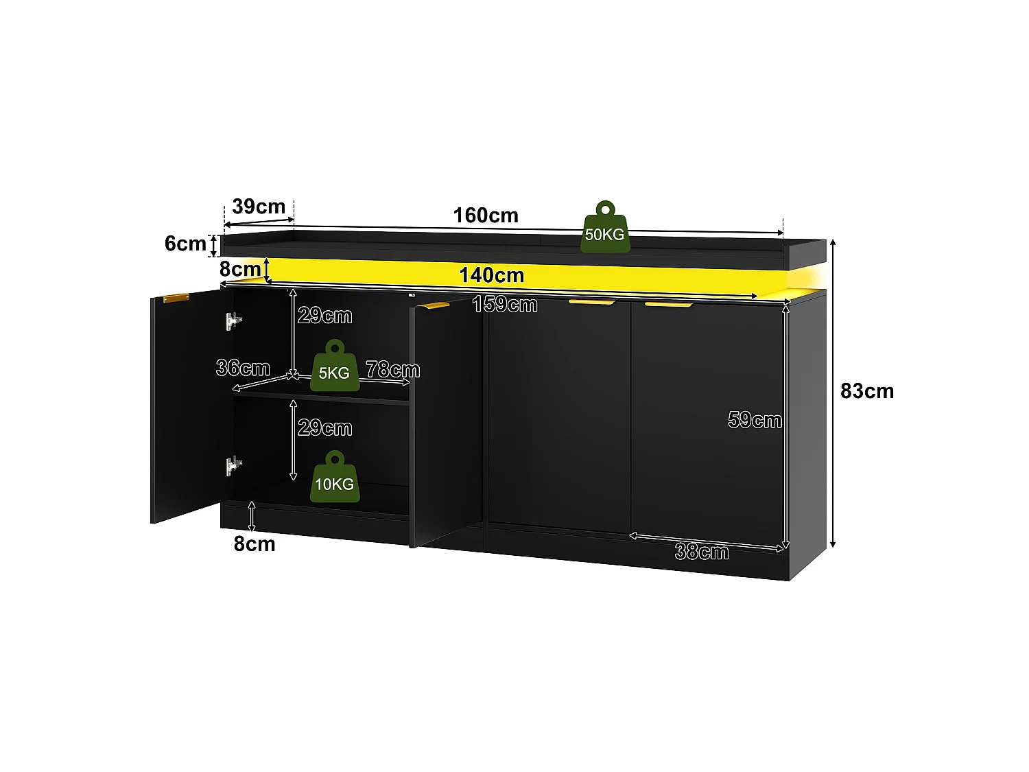 Moderne buffetkast 160x39x83cm - met 4 deuren - met LED-verlichting - Zwart
