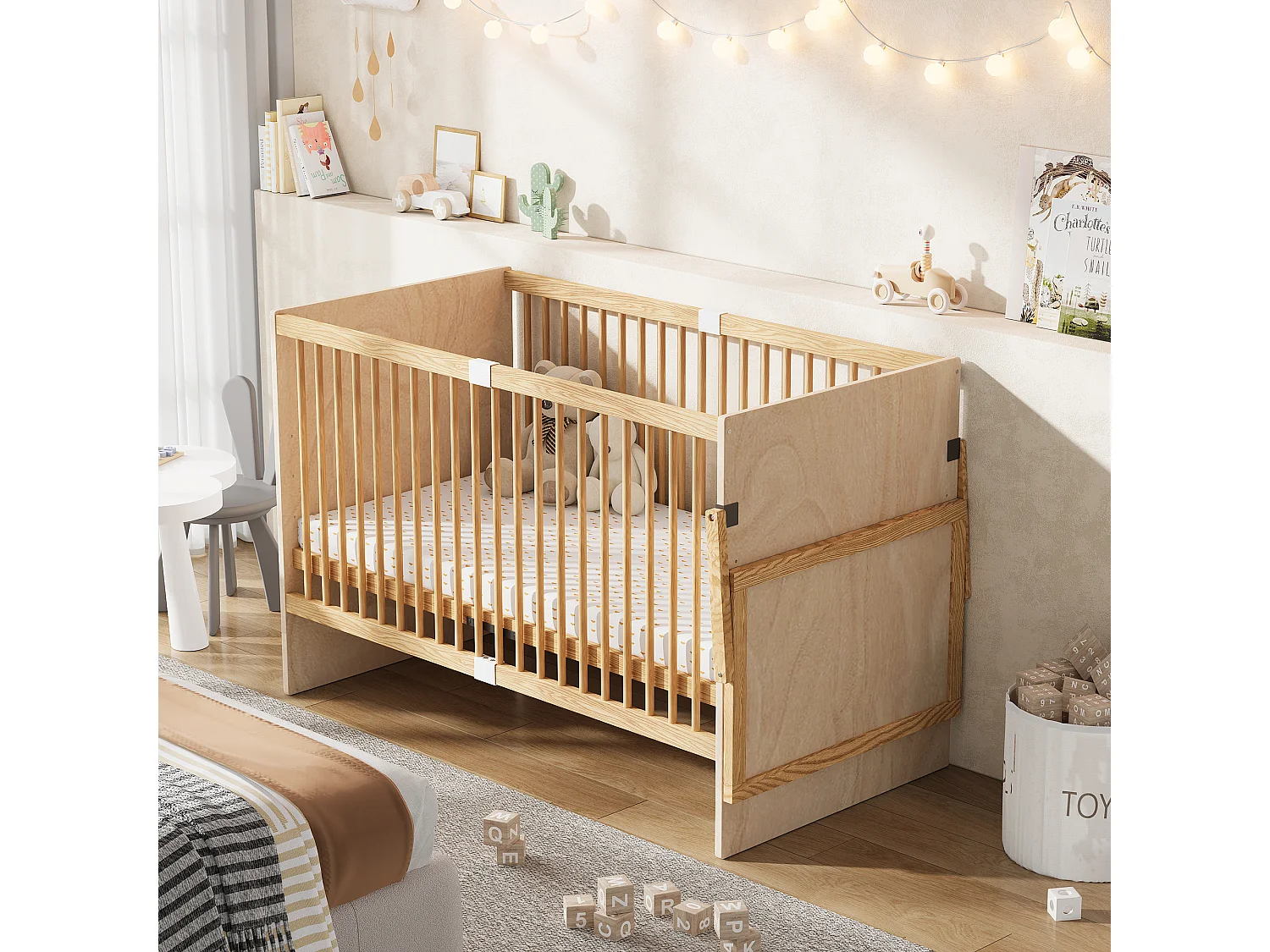 Lit bébé en bois massif 140x70cm - Lit à barreaudage avec plan à langer rabattable & 4 niveaux de hauteur - Bois naturel