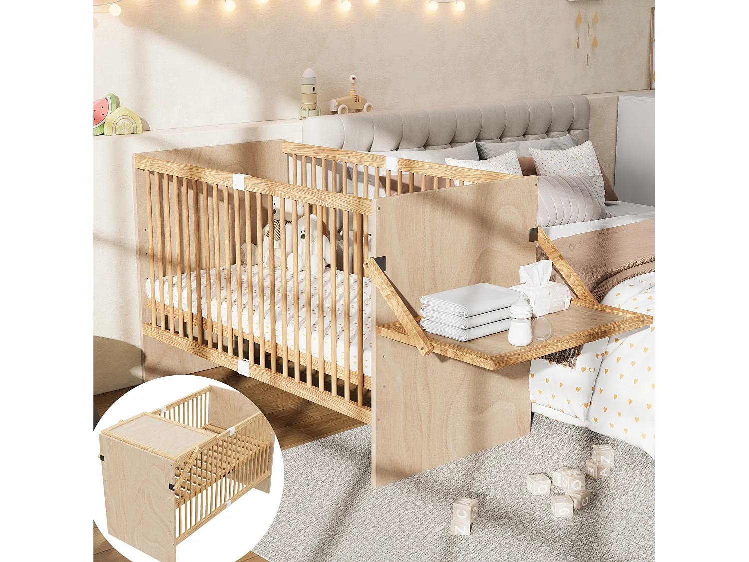 Lit bébé en bois massif 140x70cm - Lit à barreaudage avec plan à langer rabattable & 4 niveaux de hauteur - Bois naturel