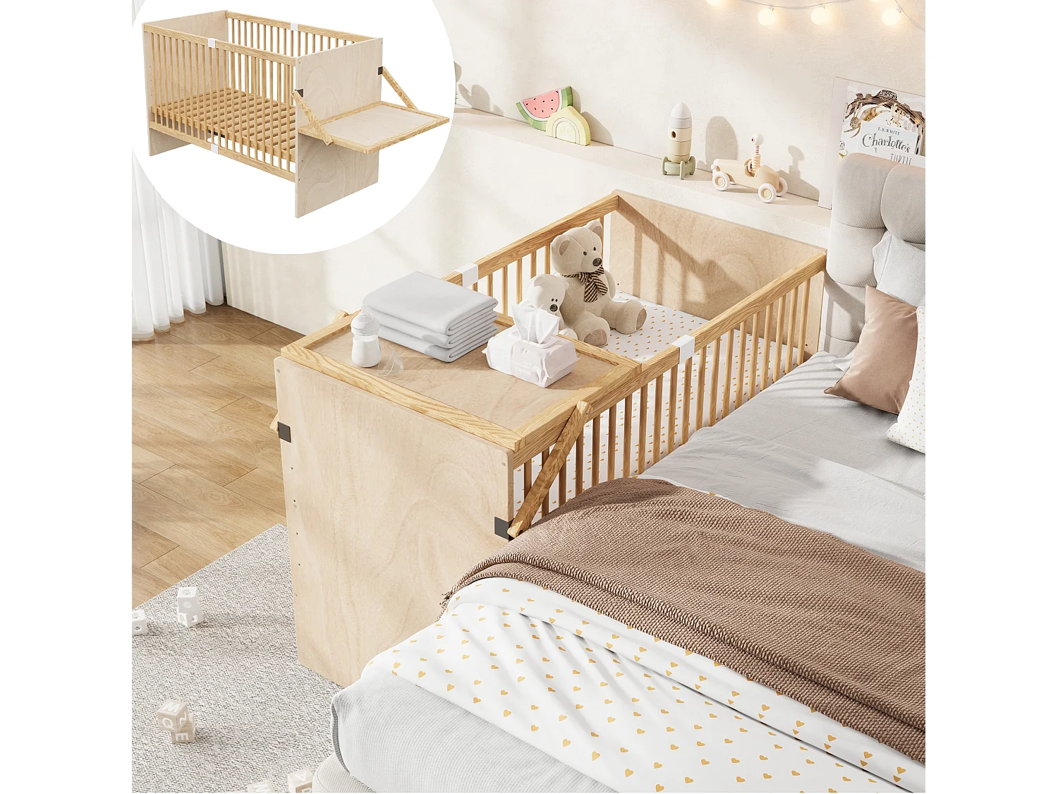 Lit bébé en bois massif 140x70cm - Lit à barreaudage avec plan à langer rabattable & 4 niveaux de hauteur - Bois naturel
