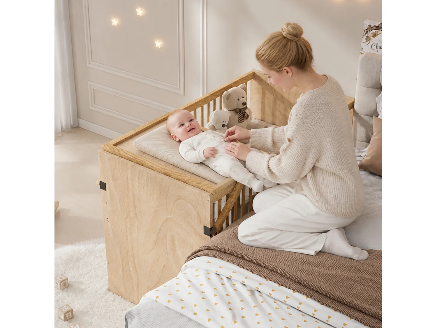 Lit bébé en bois massif 140x70cm - Lit à barreaudage avec plan à langer rabattable & 4 niveaux de hauteur - Bois naturel