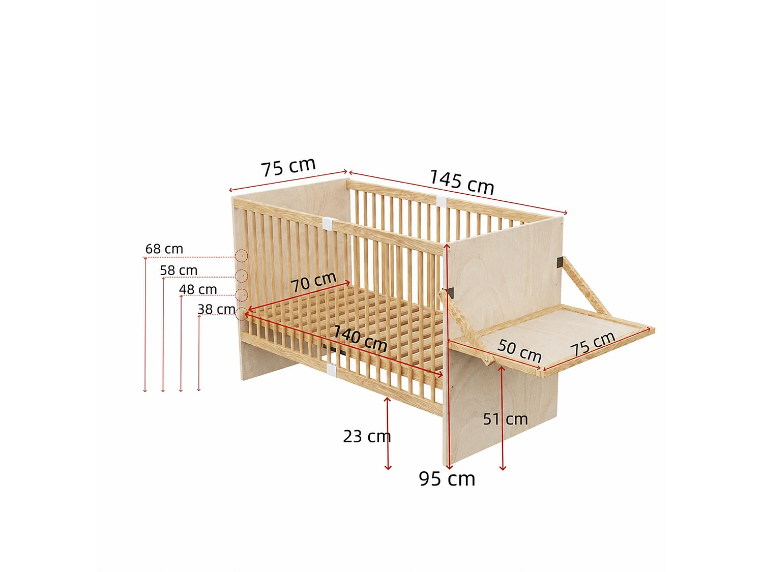 Lit bébé en bois massif 140x70cm - Lit à barreaudage avec plan à langer rabattable & 4 niveaux de hauteur - Bois naturel