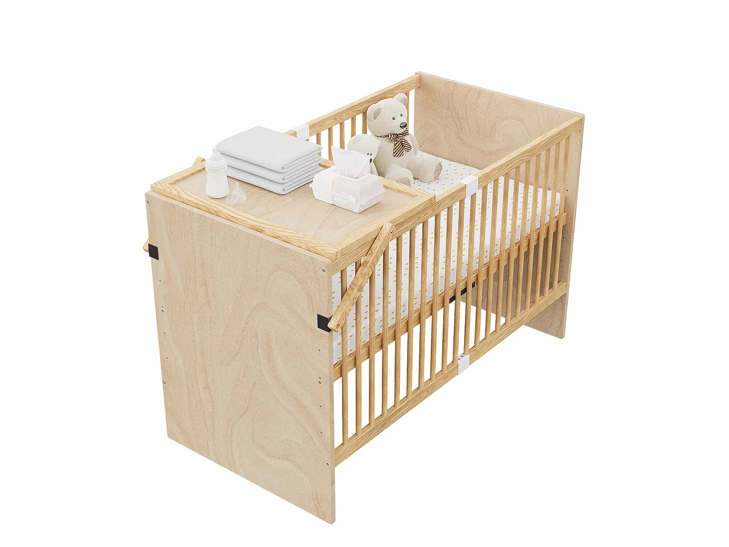 Lit bébé en bois massif 140x70cm - Lit à barreaudage avec plan à langer rabattable & 4 niveaux de hauteur - Bois naturel