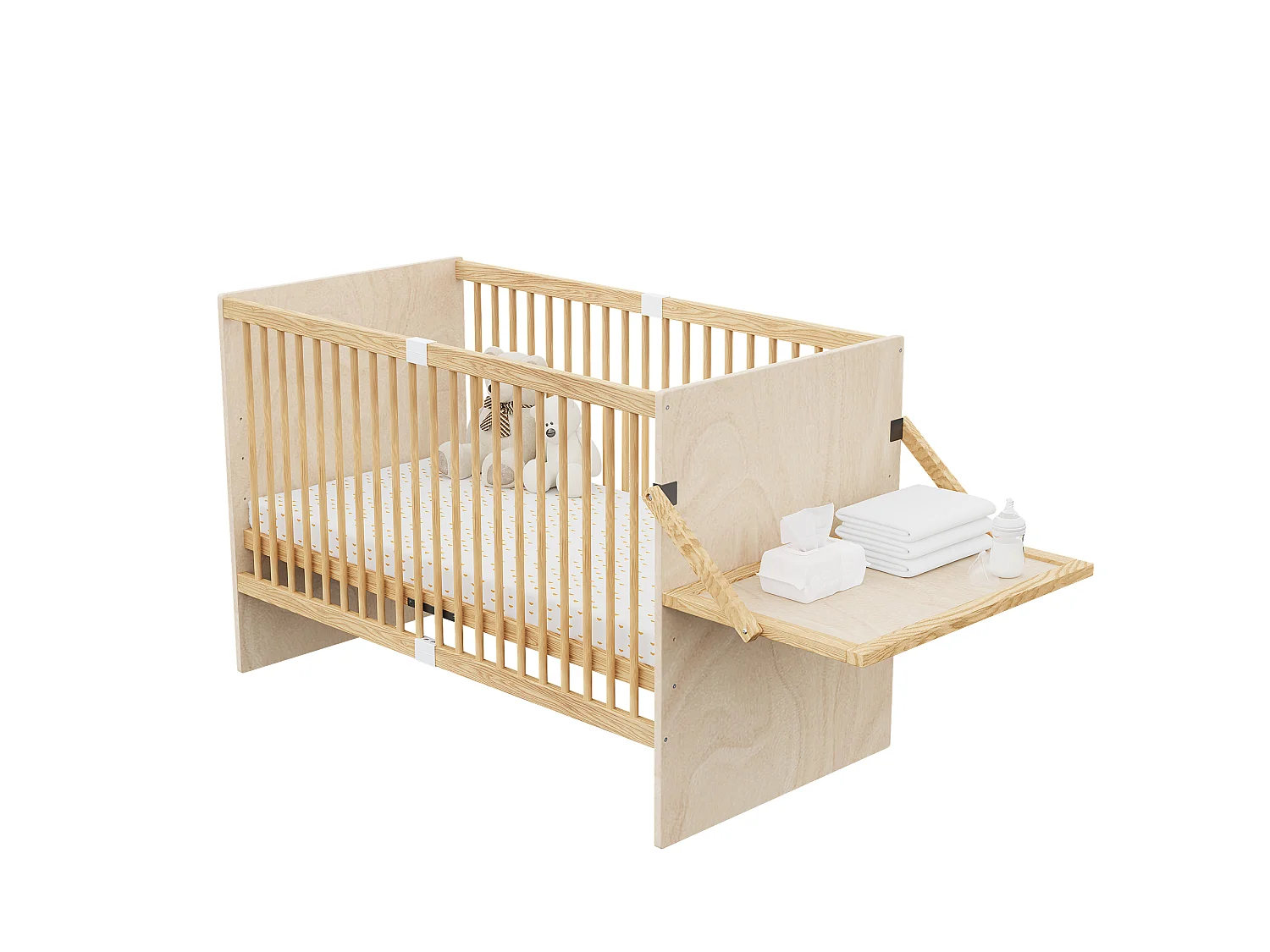 Lit bébé en bois massif 140x70cm - Lit à barreaudage avec plan à langer rabattable & 4 niveaux de hauteur - Bois naturel