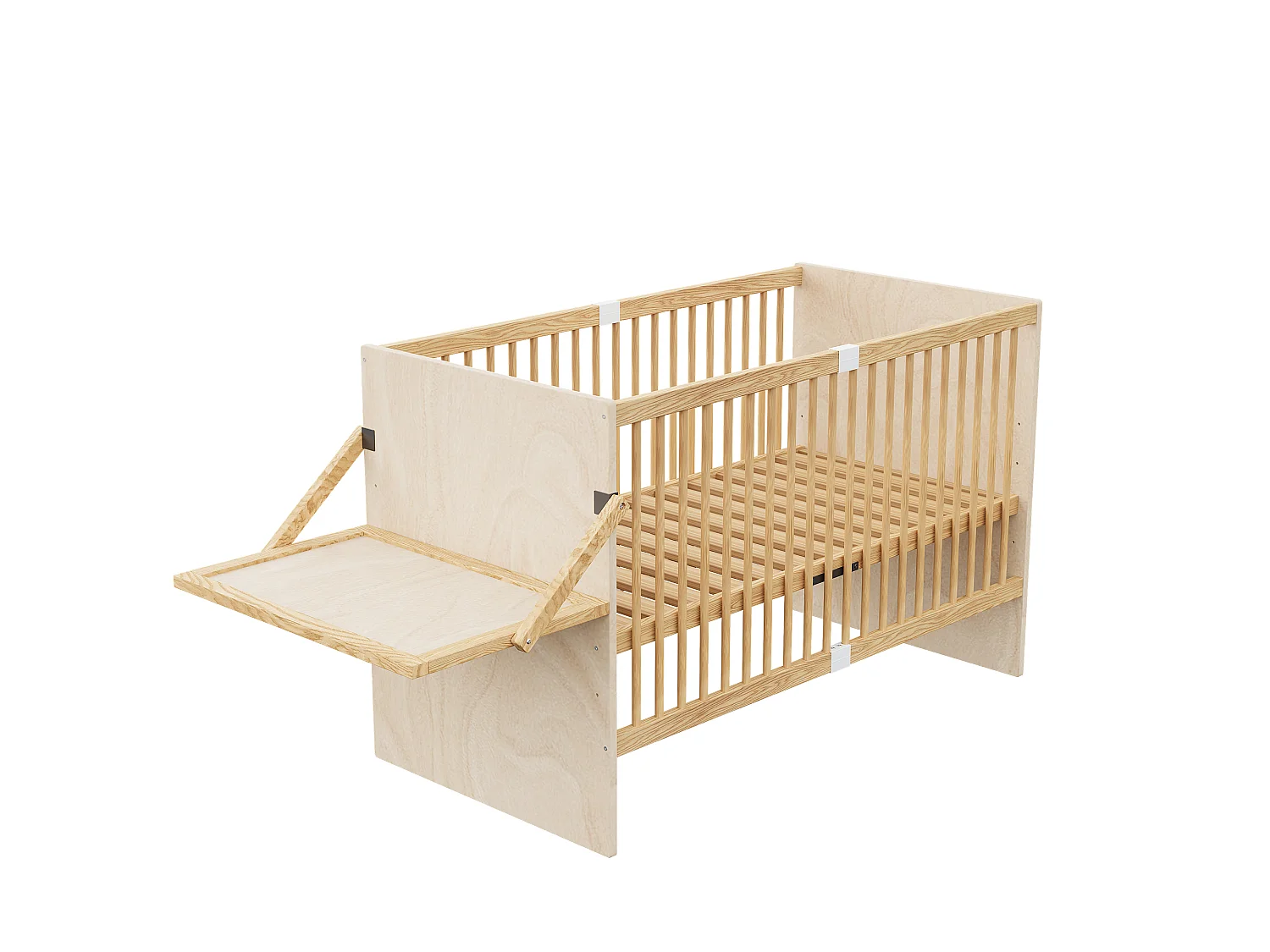 Lit bébé en bois massif 140x70cm - Lit à barreaudage avec plan à langer rabattable & 4 niveaux de hauteur - Bois naturel