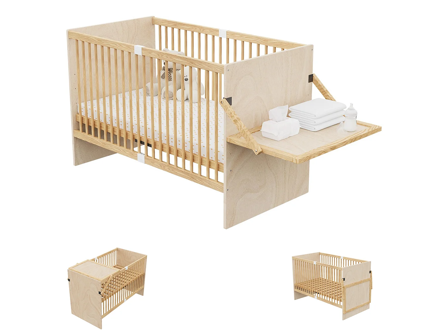 Lit bébé en bois massif 140x70cm - Lit à barreaudage avec plan à langer rabattable & 4 niveaux de hauteur - Bois naturel