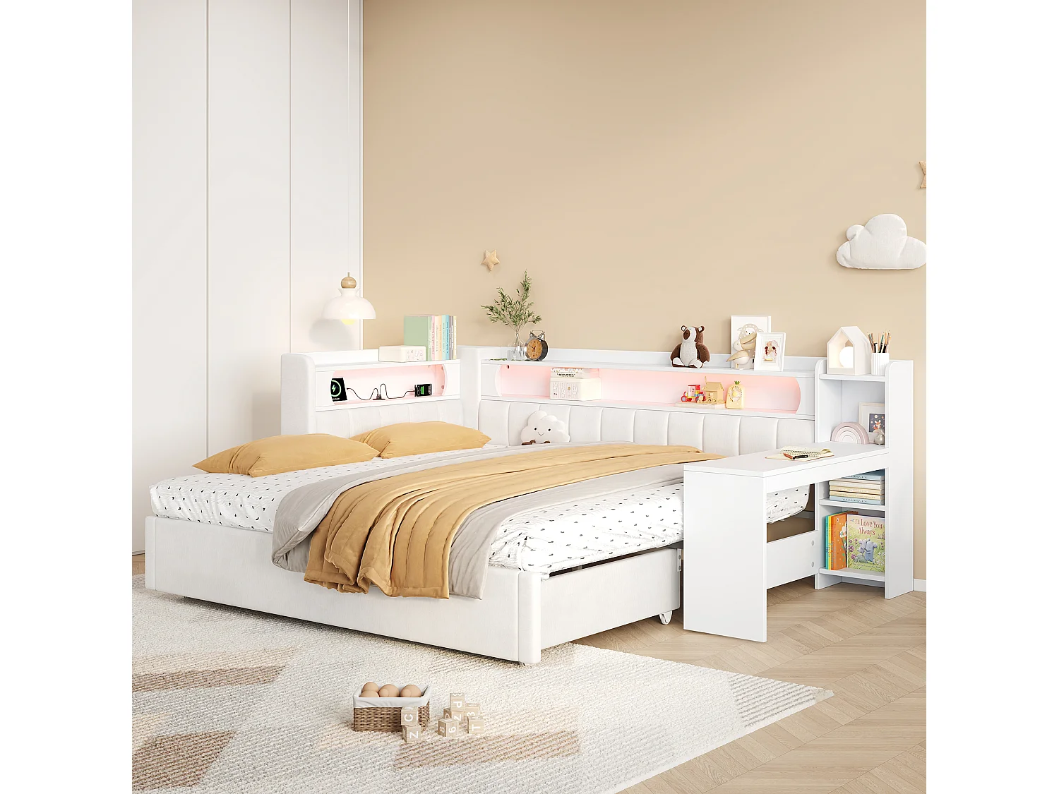 Canapé-cama acolchado 90x200 a 180x200 cm - Cama nido y escritorio - con puerto USB e iluminación LED - Blanco (colchón no incluido)