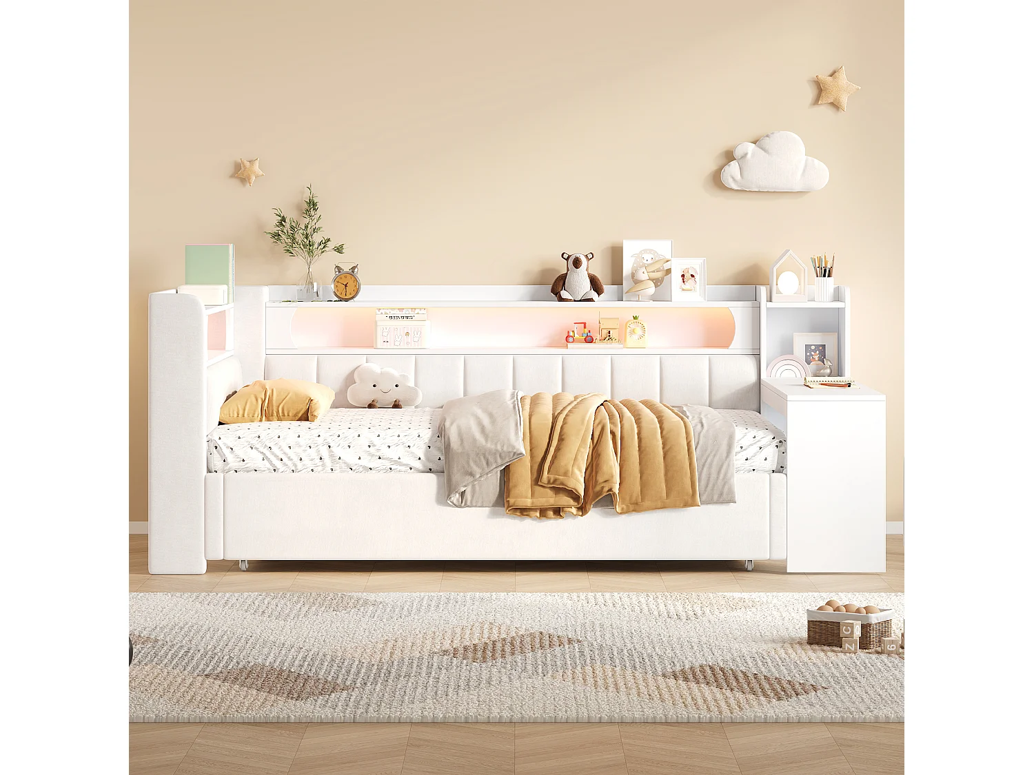 Canapé-cama acolchado 90x200 a 180x200 cm - Cama nido y escritorio - con puerto USB e iluminación LED - Blanco (colchón no incluido)