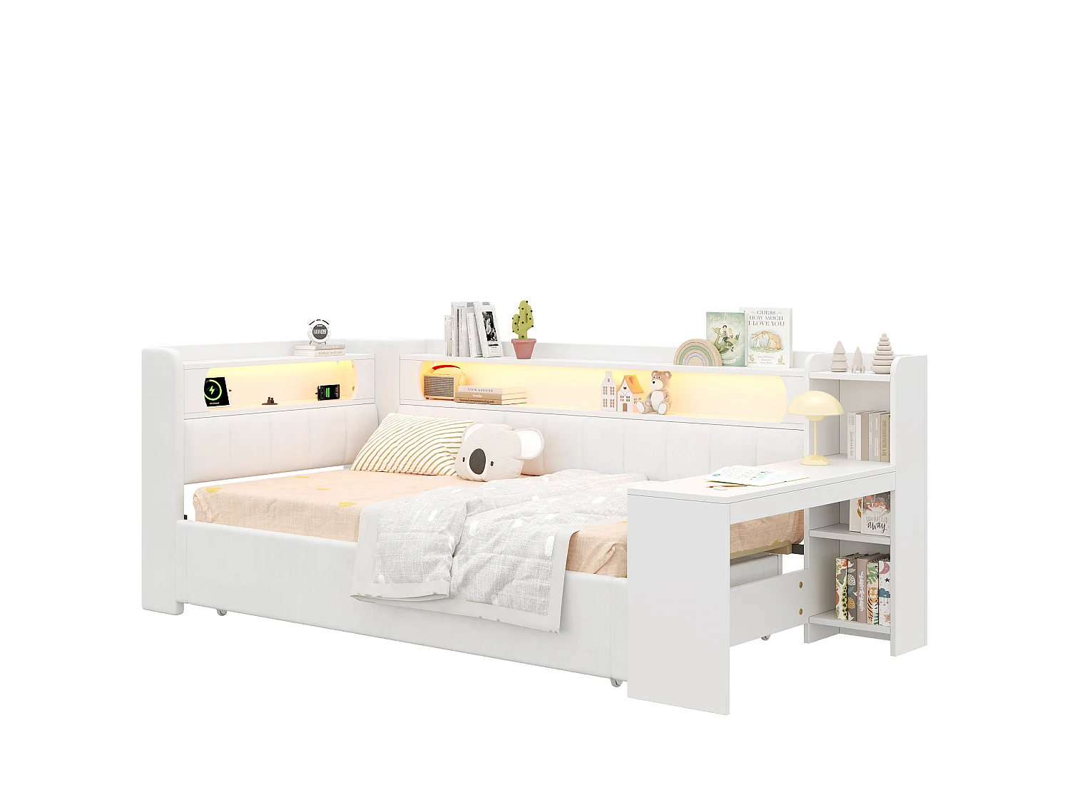 Canapé-cama acolchado 90x200 a 180x200 cm - Cama nido y escritorio - con puerto USB e iluminación LED - Blanco (colchón no incluido)
