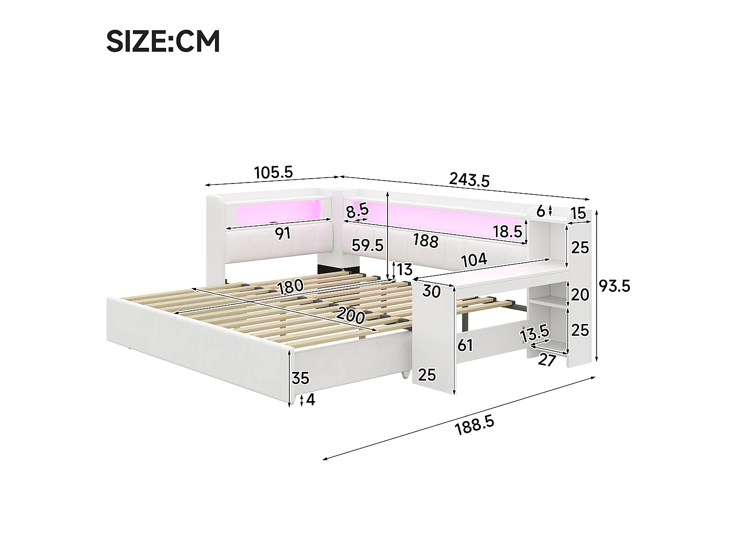 Canapé-cama acolchado 90x200 a 180x200 cm - Cama nido y escritorio - con puerto USB e iluminación LED - Blanco (colchón no incluido)