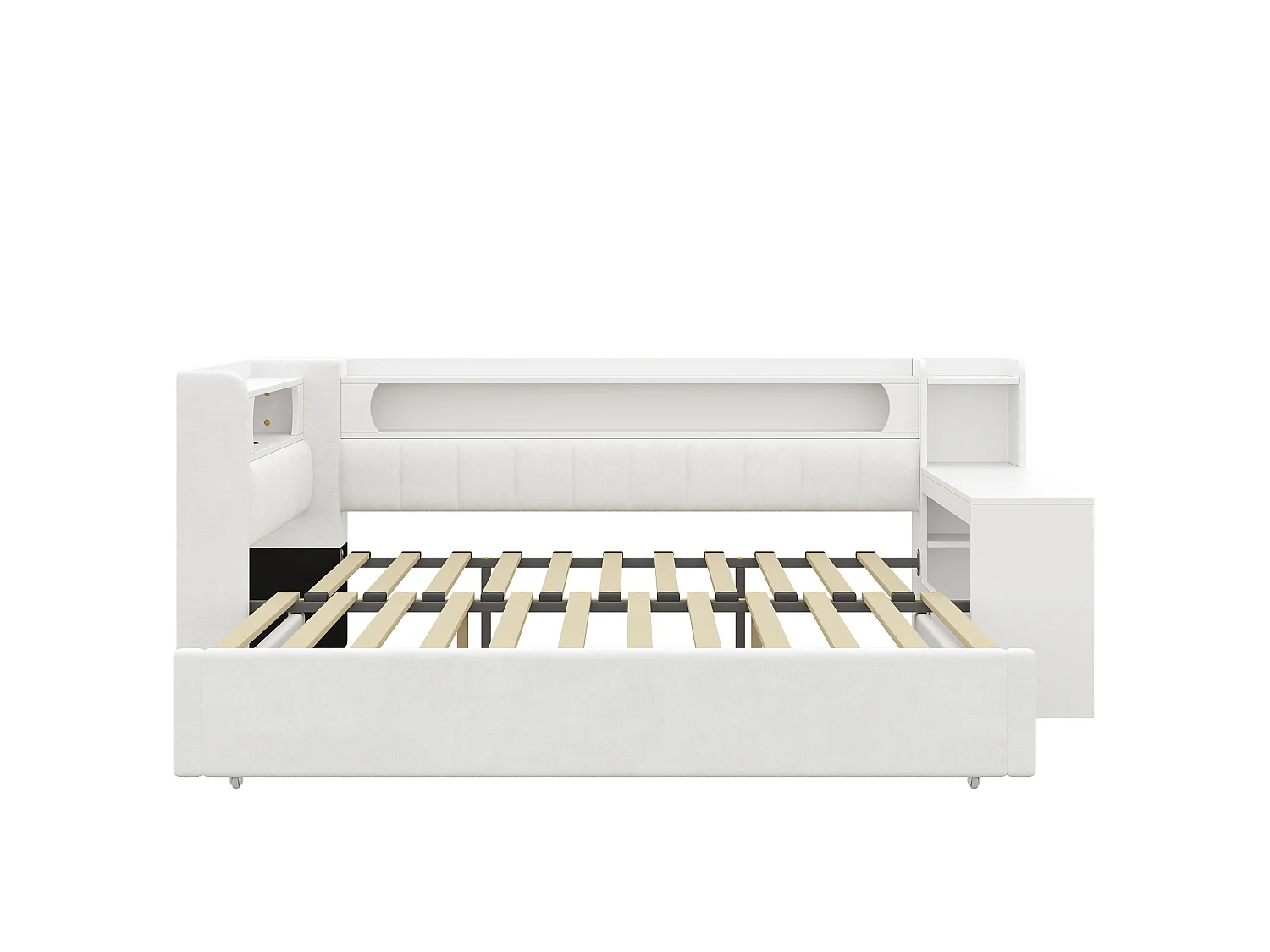 Canapé-cama acolchado 90x200 a 180x200 cm - Cama nido y escritorio - con puerto USB e iluminación LED - Blanco (colchón no incluido)