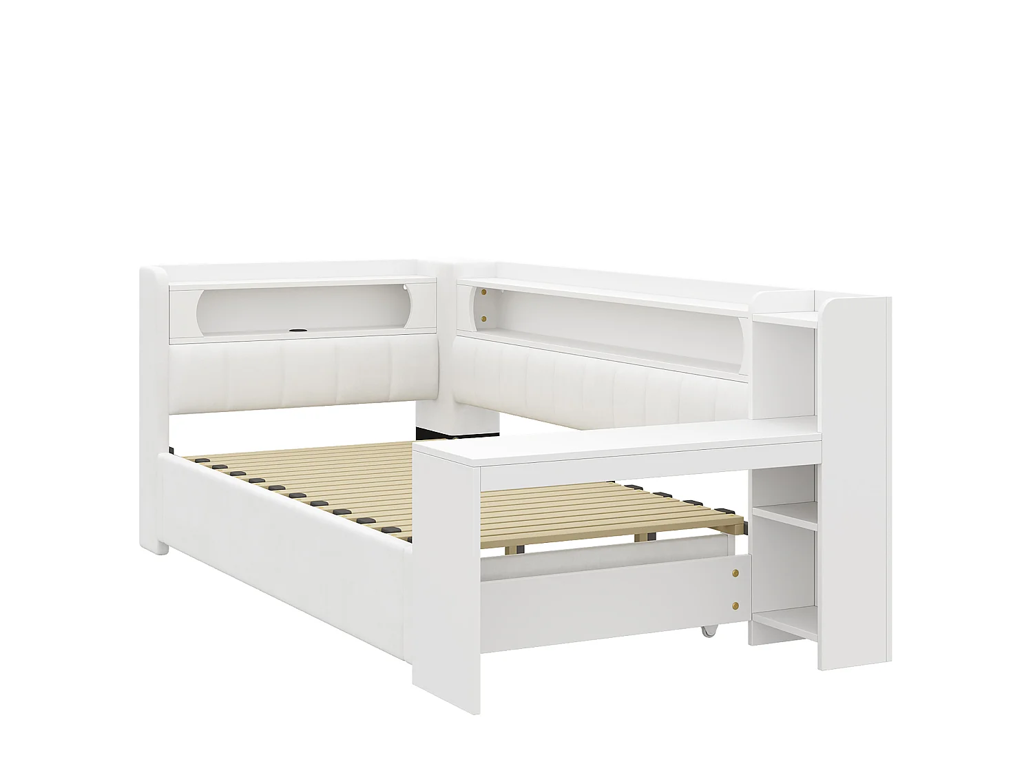 Canapé-cama acolchado 90x200 a 180x200 cm - Cama nido y escritorio - con puerto USB e iluminación LED - Blanco (colchón no incluido)