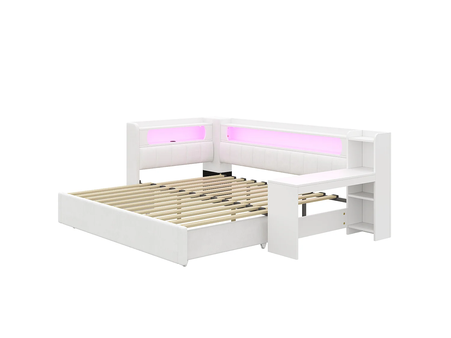 Canapé-cama acolchado 90x200 a 180x200 cm - Cama nido y escritorio - con puerto USB e iluminación LED - Blanco (colchón no incluido)