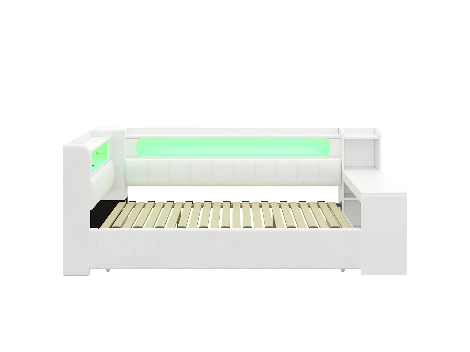 Canapé-cama acolchado 90x200 a 180x200 cm - Cama nido y escritorio - con puerto USB e iluminación LED - Blanco (colchón no incluido)