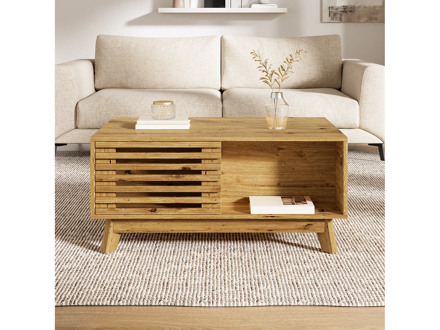 Mesa de Centro Elevable 90x55x57,5cm - Mueble de Salón Multifuncional con Puerta Corrediza de Lamas, Estilo Retro - Marrón