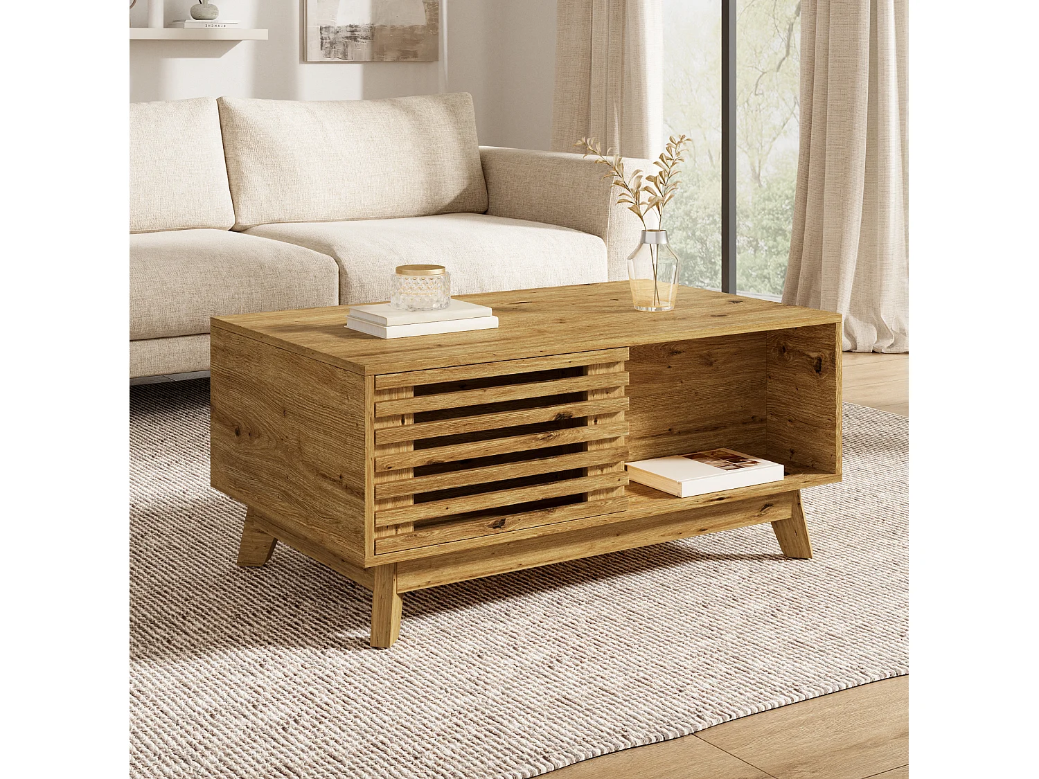 Mesa de Centro Elevable 90x55x57,5cm - Mueble de Salón Multifuncional con Puerta Corrediza de Lamas, Estilo Retro - Marrón