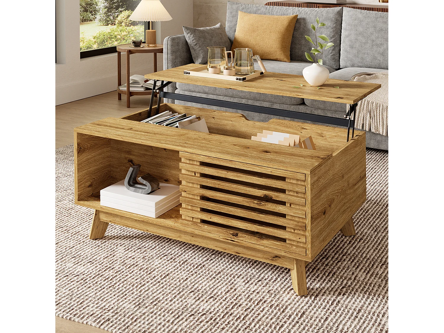 Mesa de Centro Elevable 90x55x57,5cm - Mueble de Salón Multifuncional con Puerta Corrediza de Lamas, Estilo Retro - Marrón