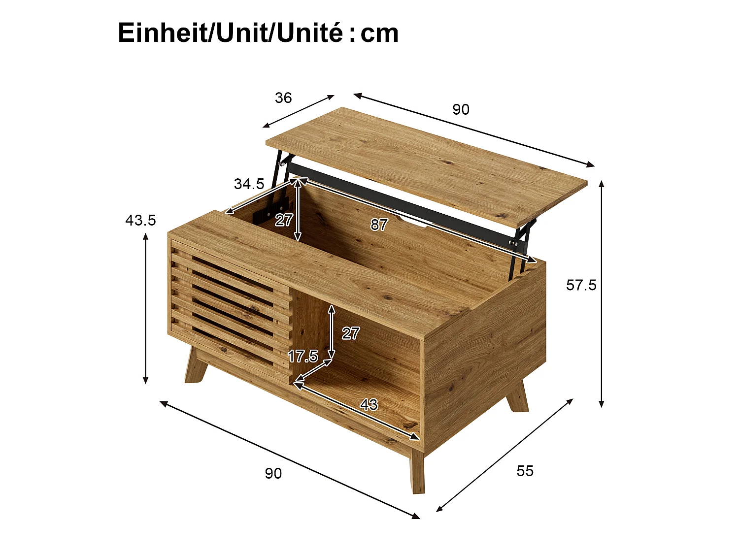 Mesa de Centro Elevable 90x55x57,5cm - Mueble de Salón Multifuncional con Puerta Corrediza de Lamas, Estilo Retro - Marrón